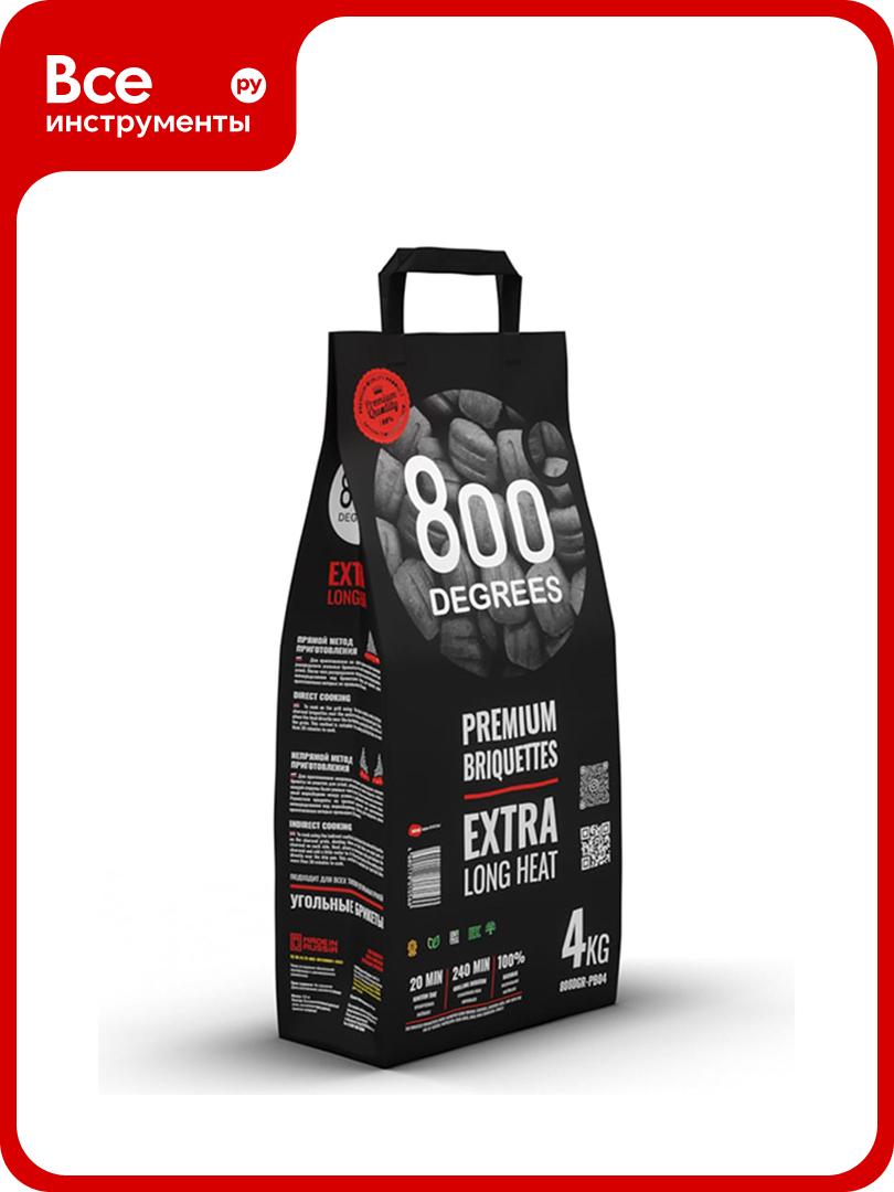 Уголь в брикетах 800 Degrees Premium Долгое Горение мешок 4 кг 800DGR-PB04