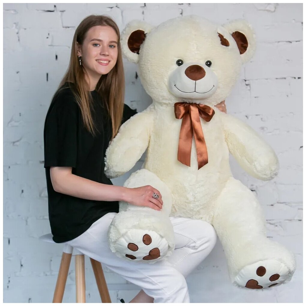 Мягкая игрушка огромный плюшевый медведь Тони с бантом 150 см, большой мишка, подарок девушке, ребенку на день рождение, цвет латте