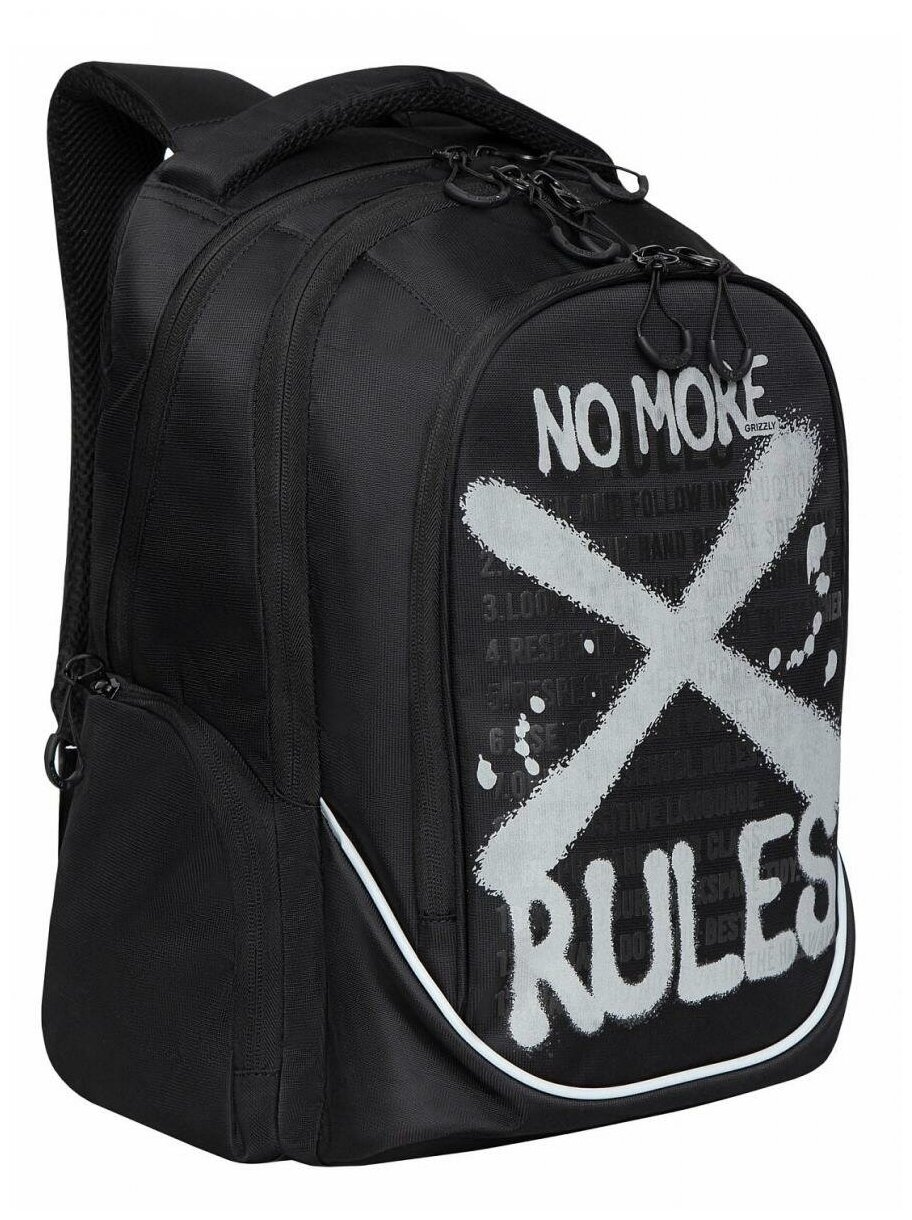 Школьный рюкзак с ортопедической спинкой GRIZZLY RU-335-2 черный, грудная стяжка, 3 отделения, 44x28x23см, 21л.
