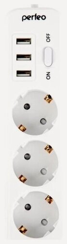 Изображение товара Сетевой фильтр Perfeo "POWER STREAM", 2500W, двойная защита, 4м, 3 розетки, 3 USB, белый (PF_C3908)