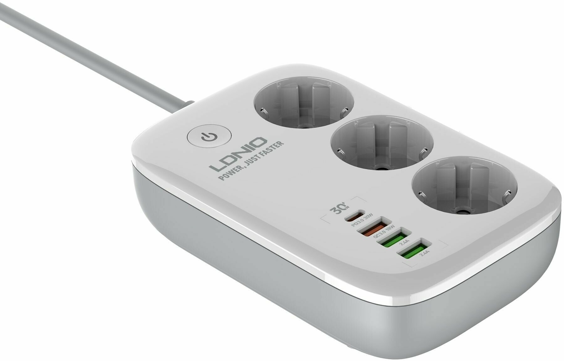 Сетевой удлинитель LDNIO SEW3452 2м Wi-Fi упр 3 розетки 2500W 4 USB: QC 30+PD 30 30W White