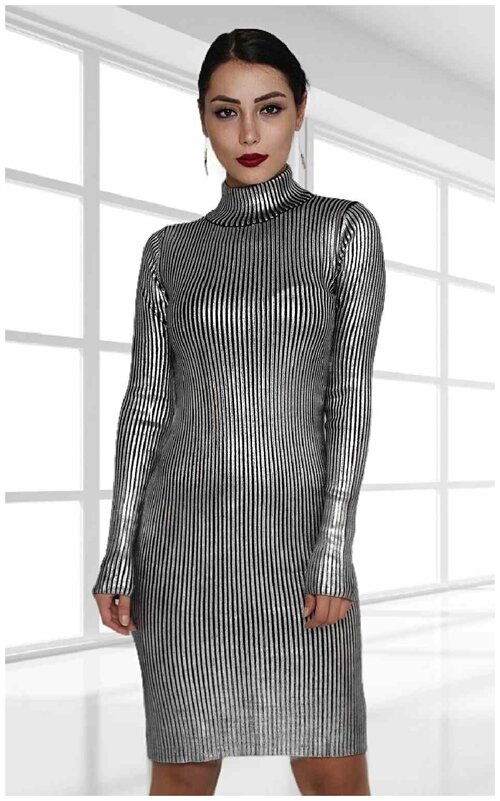 Платье-свитер хлопок, повседневное, классическое, прилегающее, до колена, вязаное, утепленное, размер 42/44, серебряный