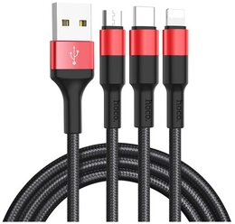 Кабель USB HOCO X26 Xpress 3 в 1 для Lightning, Micro USB, Type-C, 2.0A, 1 м, черный с красным