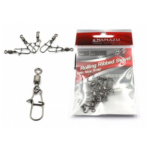 Вертлюг с застежкой Namazu ROLLING RIBBED SWIVEL WITH NICE SNAP, цв. Carbon, р. 6, test-27 кг, катаный (