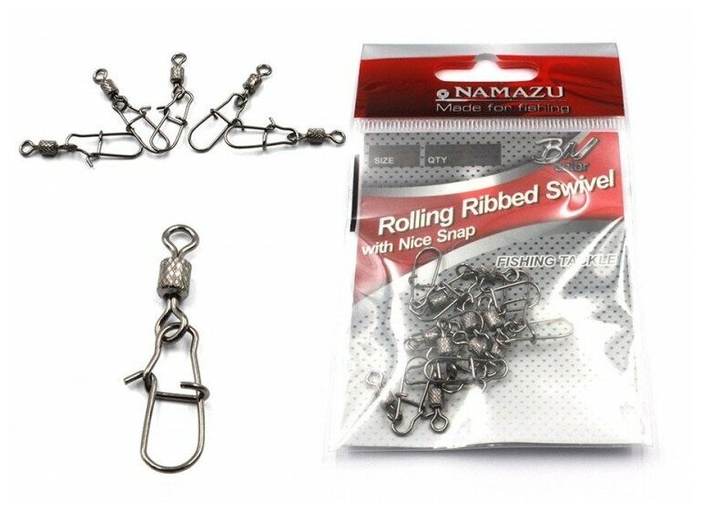 Вертлюг с застежкой Namazu ROLLING RIBBED SWIVEL WITH NICE SNAP, цв. BN, р. 2, test-65 кг, катаный (