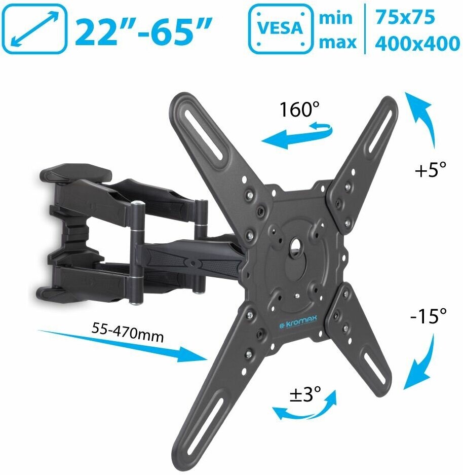 Кронштейн для телевизора на стену / крепление наклонно-поворотное Kromax ATLANTIS-45 / до 65 дюймов / vesa 400x400