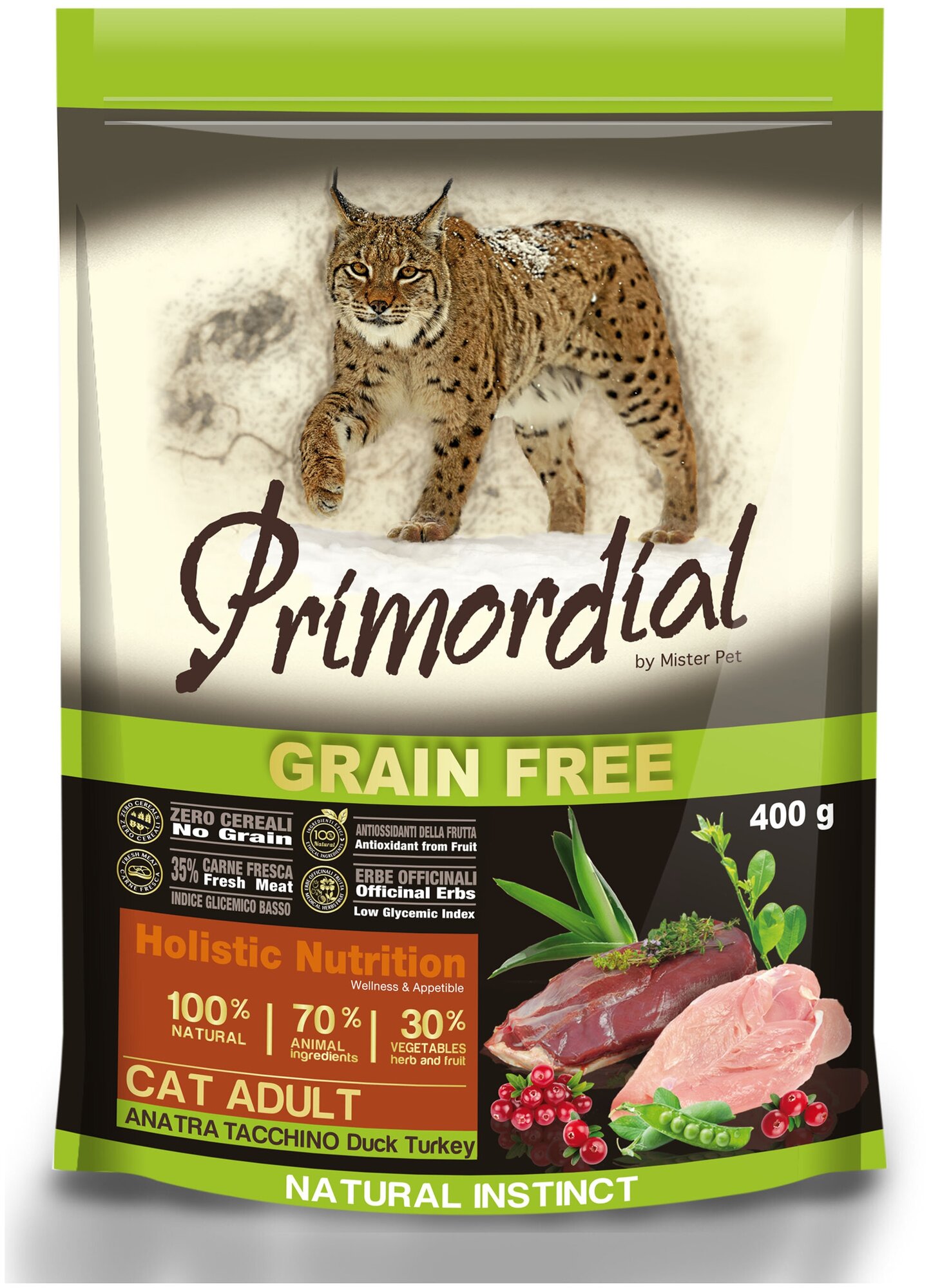 Primordial корм для взрослых кошек всех пород, беззерновой, утка, индейка 400 гр