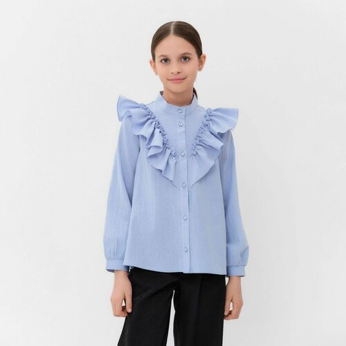 Школьная блуза Minaku, прямой силуэт, на пуговицах, длинный рукав, воланы, однотонная, размер 36, голубой