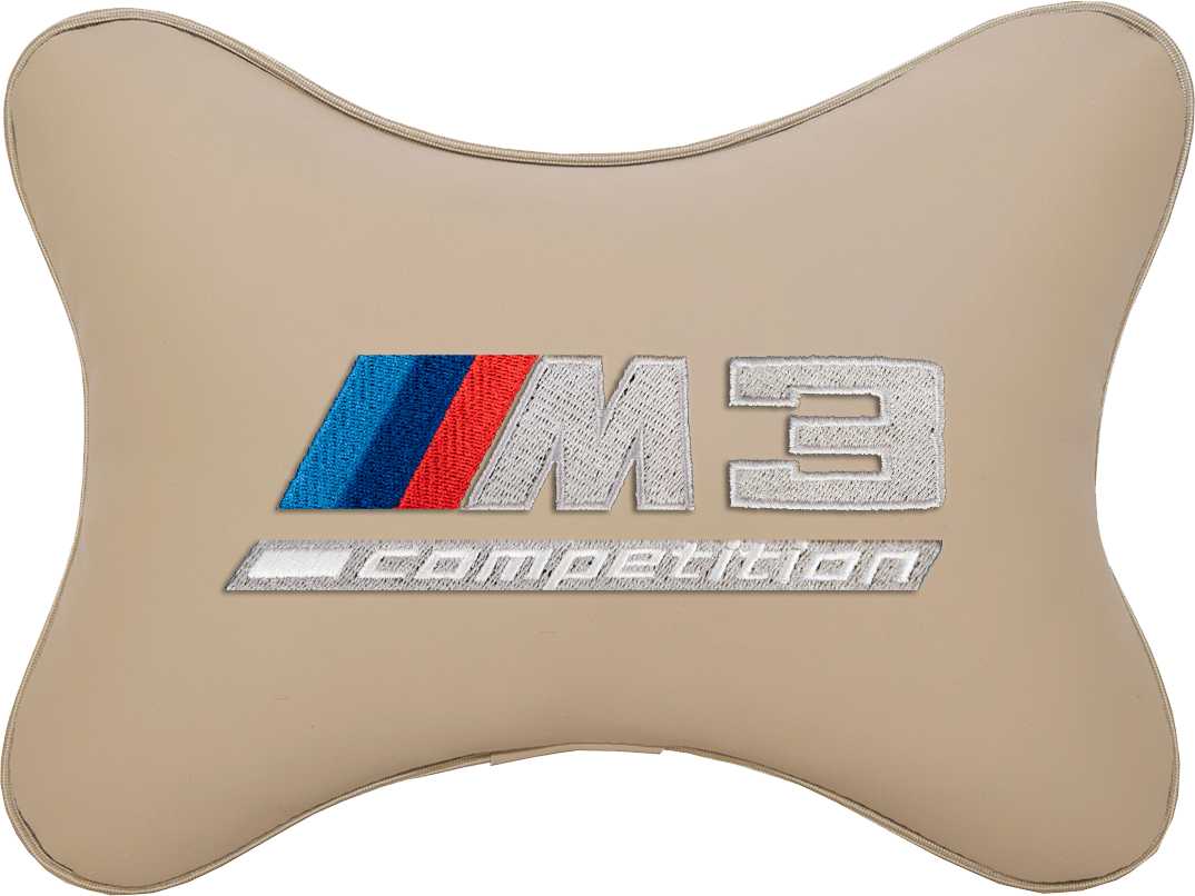 Подушка на подголовник экокожа Beige с логотипом автомобиля BMW M3 COMPETITION