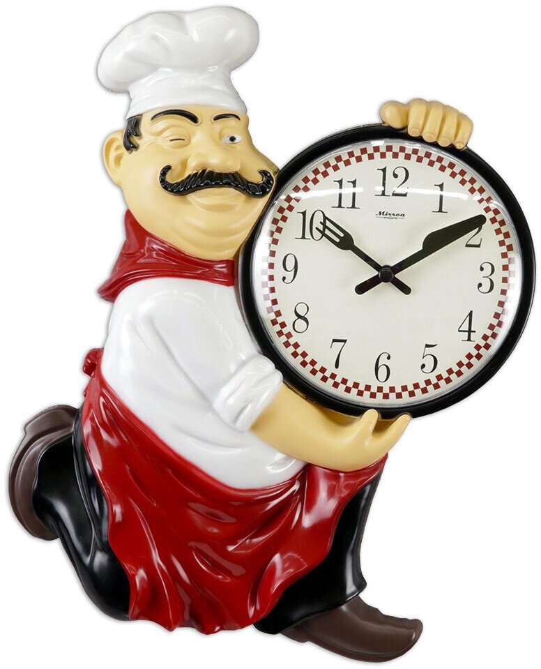 Кухонные настенные часы MIRRON 121-1220/Часы в форме повара/Часы в ресторан, столовую, кафе/Тематические часы/Оригинальные часы на кухню/Циферблат с арабскими цифрами