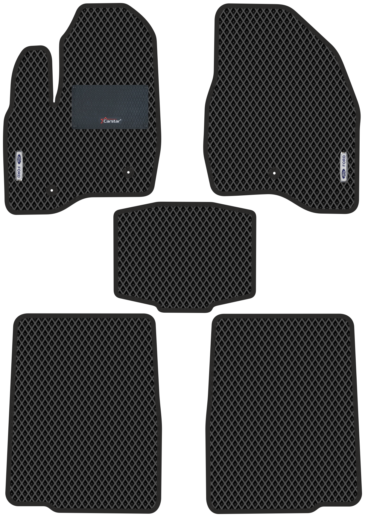 Автомобильные коврики EVA для Ford Explorer V дорестайл (2010-2015) с каучуковым подпятником и 2 эмблемами Ford чёрные с чёрным кантом ячейка - ромб