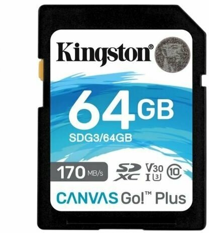 Карта памяти 64GB Kingston SDG3/64GB SDXC, UHS-I Class U3 V30, чтение: 170Мб/с, запись: 70Мб/с