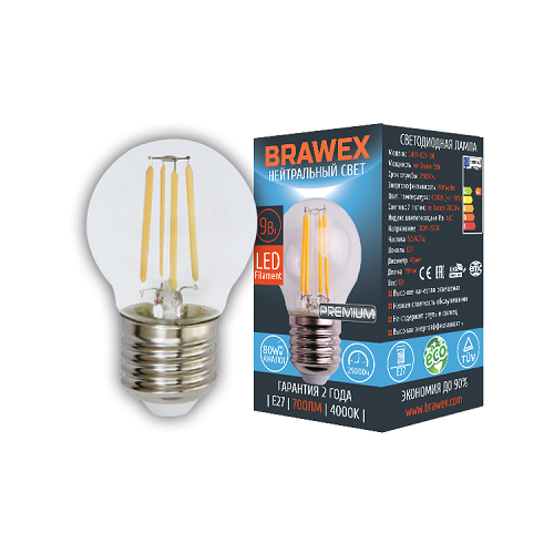 Упаковка светодиодных ламп Brawex LED Filament шар G45 9W 4000K E27 G45F-E27-9N (10шт)