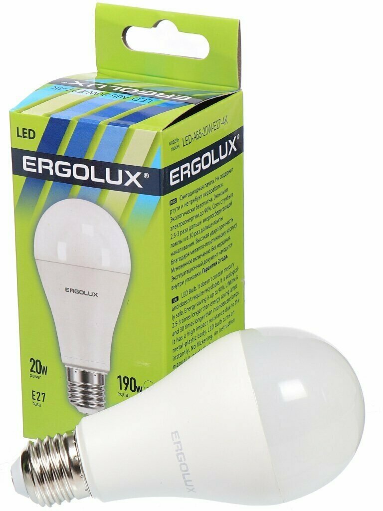 Лампа светодиодная E27, 20 Вт, 190 Вт, 220 В, груша, 4500 К, свет холодный белый, Ergolux