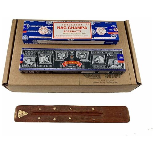 Набор благовоний Сатия Satya Nag Champa, Super Hit 2 упаковки по 40 гр. + подставка в подарок. набор благовоний сатия satya combo 15 g tropical lemongrass spiritual aura seven chakra подставка в подарок