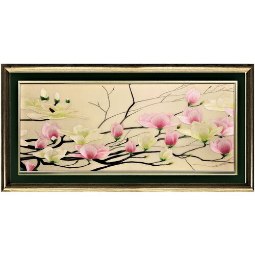 Картина вышитая шелком Нежная ветка магнолии (на прозрачном) ручной работы /110х50х3 см/в багете