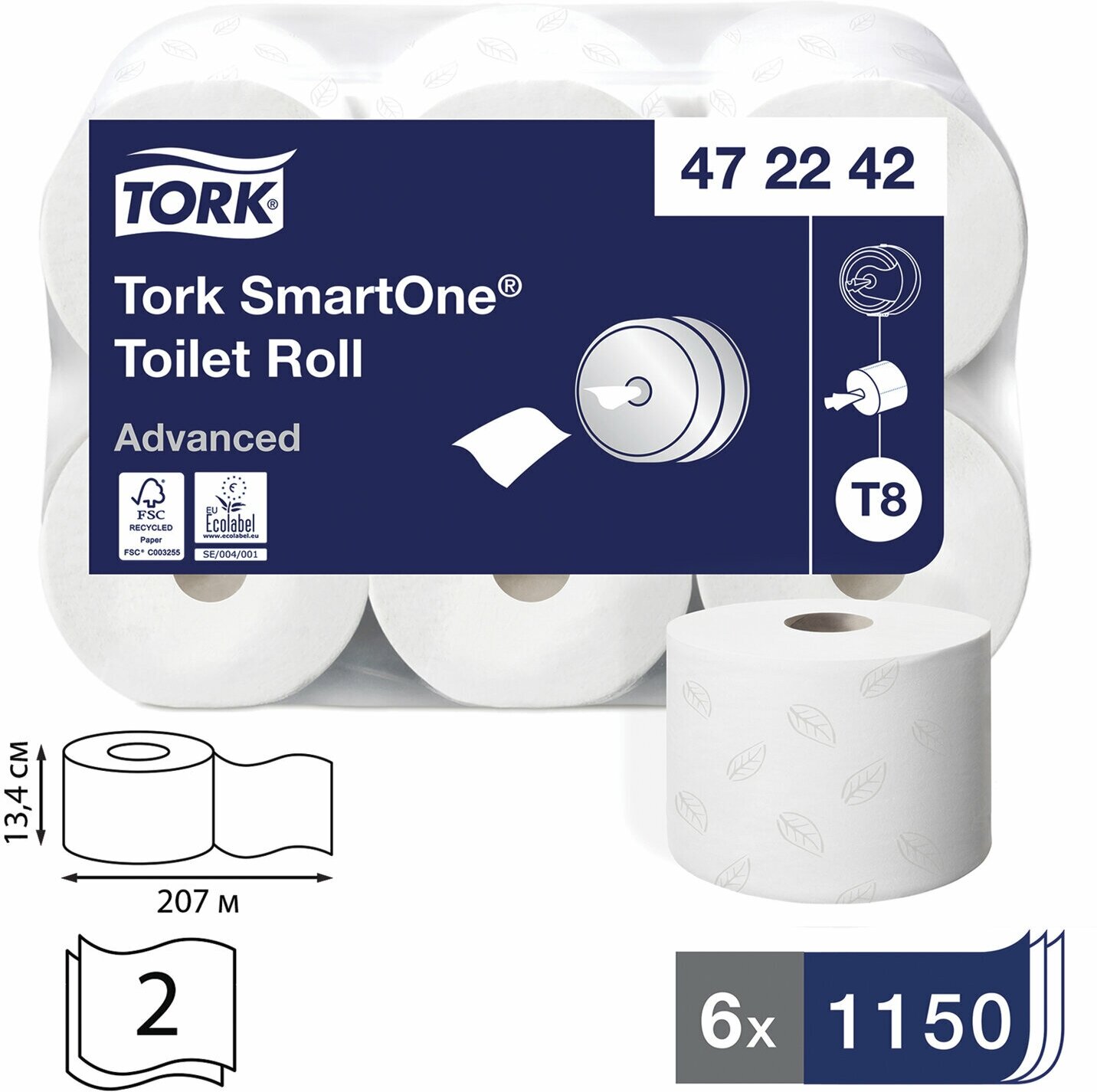 Бумага туалетная Tork Advanced SmartOne, 207 м, T8, 6 шт, 2 слоя, белая (472242)