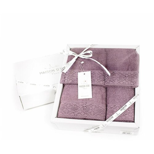 Комплект махровых полотенец с кружевом Natural Maison dor (лиловый), Комплект полотенец (30x50+50x90+70x140)