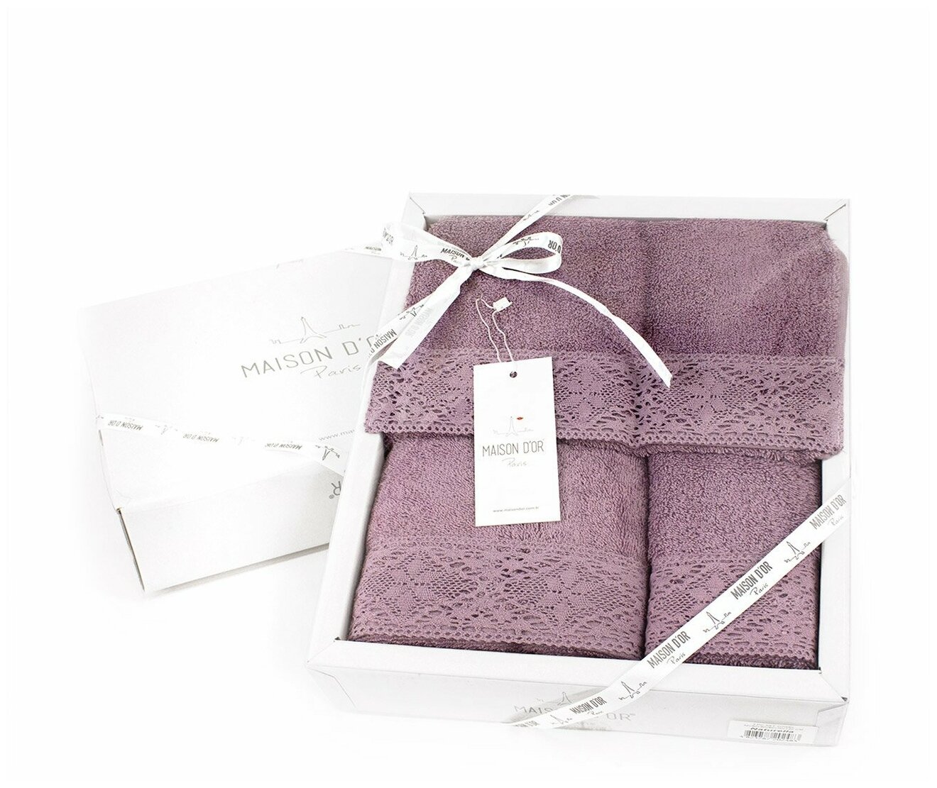 фото Комплект махровых полотенец с кружевом Natural Maison dor (лиловый), Комплект полотенец (30x50+50x90+70x140)