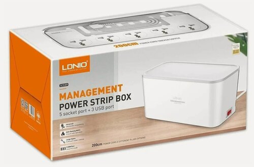 Изображение товара Сетевой фильтр в боксе LDNIO SN5309 Management Power Strip Box 2500W, 5 розеток + 3 USB, 2 м, Белый+Серый