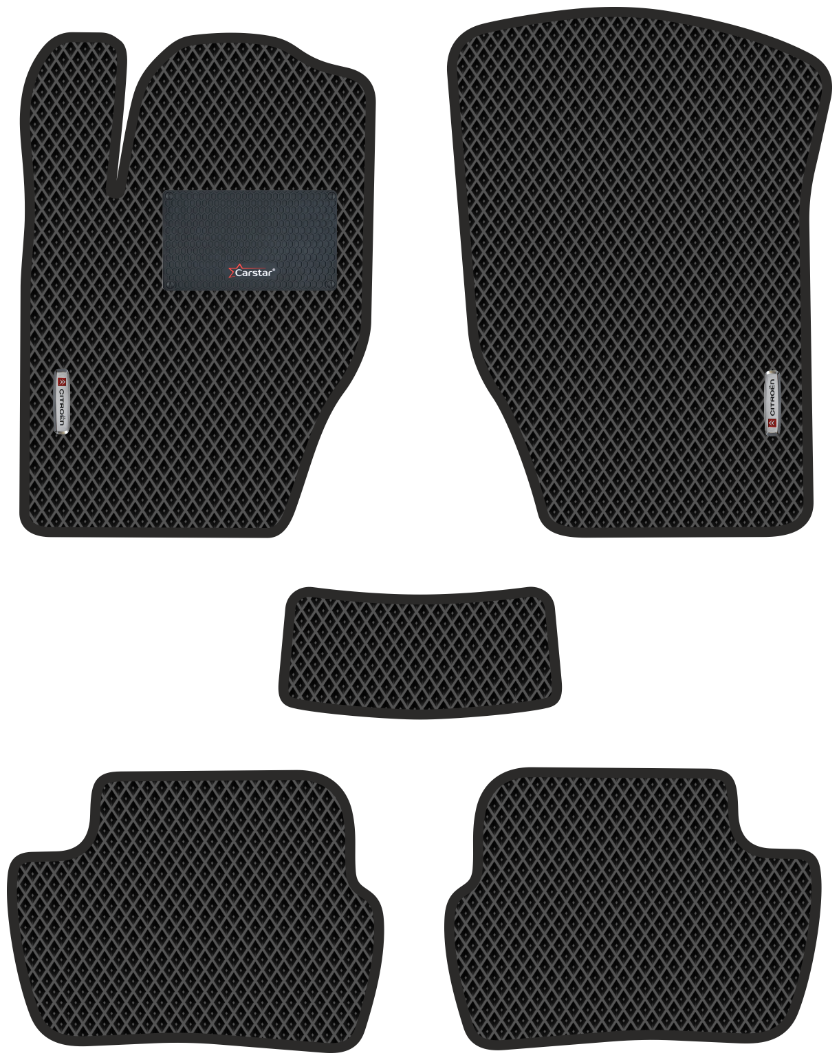 Автомобильные коврики EVA для Citroen C4 I (2004-2011) с каучуковым подпятником и 2 эмблемами Citroen чёрные с чёрным кантом ячейка - ромб