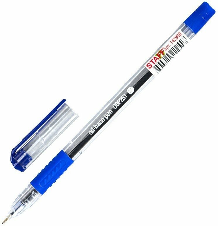 Ручка шариковая масляная с грипом STAFF "College OBP-251", синяя, корпус прозрачный, линия письма 0,35 мм, 142