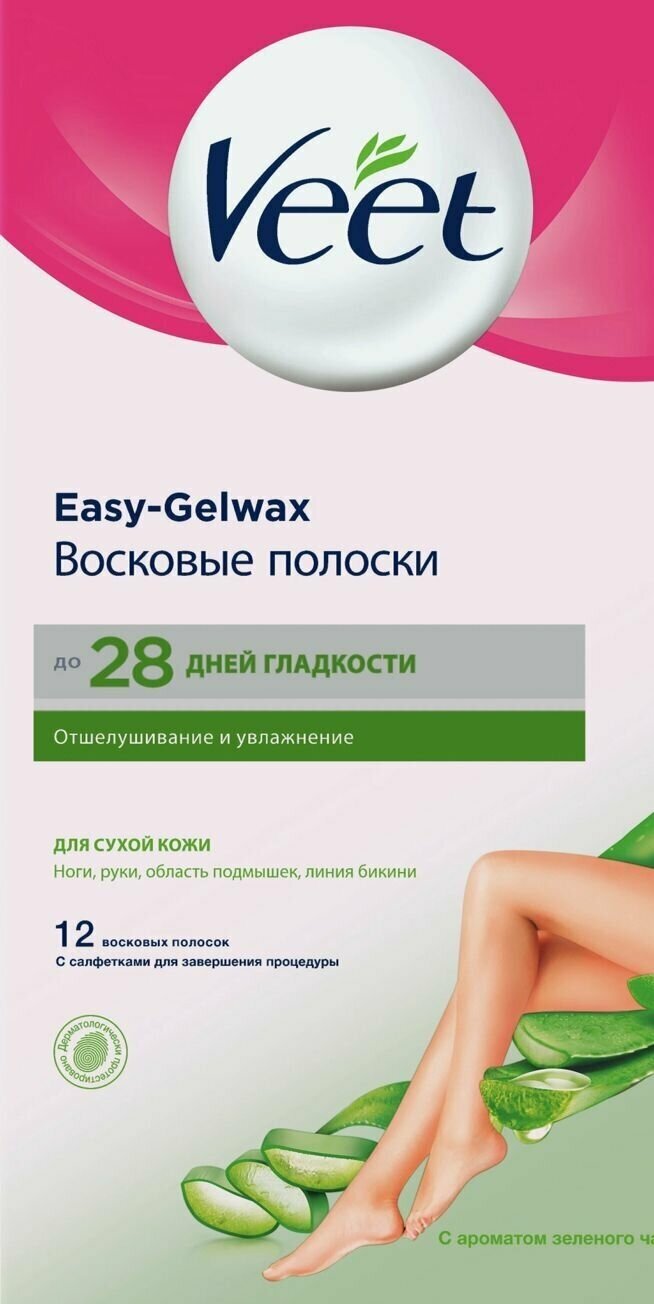 Veet Восковые полоски Easy Gelwax с ароматом зелёного чая для сухой кожи