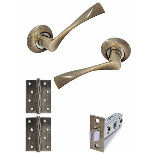 Ручки дверные на розетке межкомнатные Light Style Мессина Античная Бронза (2 шт) + Защелка межкомнатная дверная Бронза + петли врезные (2шт)