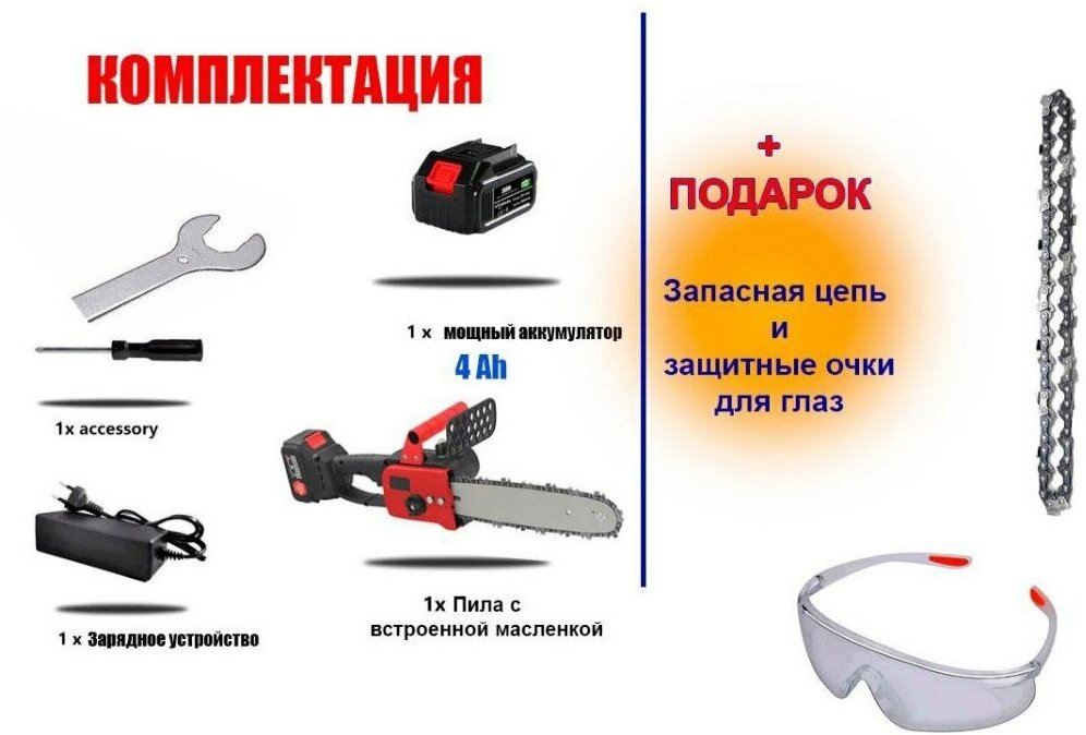 Мощная Электропила с встроенной масленкой 12 дюймов с мощным аккумулятором 4Ah + запасная цепь