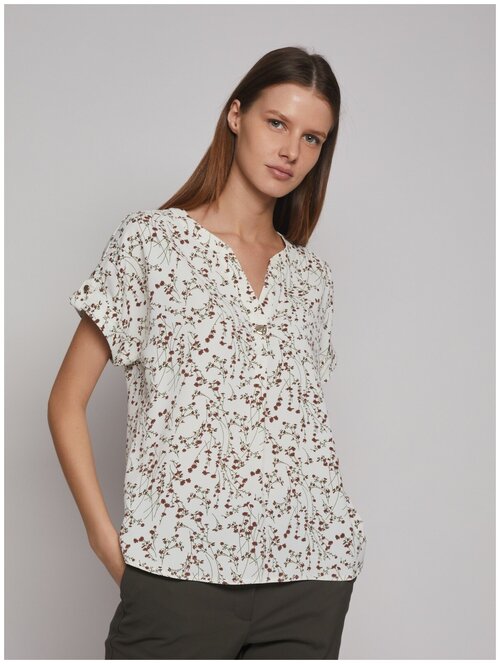 Блуза  Zolla, классический стиль, прямой силуэт, короткий рукав, флористический принт, размер XS, белый