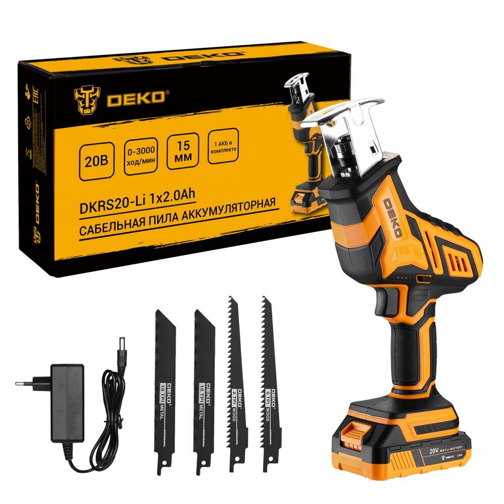 Пила сабельная аккумуляторная Deko DKRS20-Li, 20 В, 2 Ач,2600 об/мин, ход 15 мм Deko 9535025 .