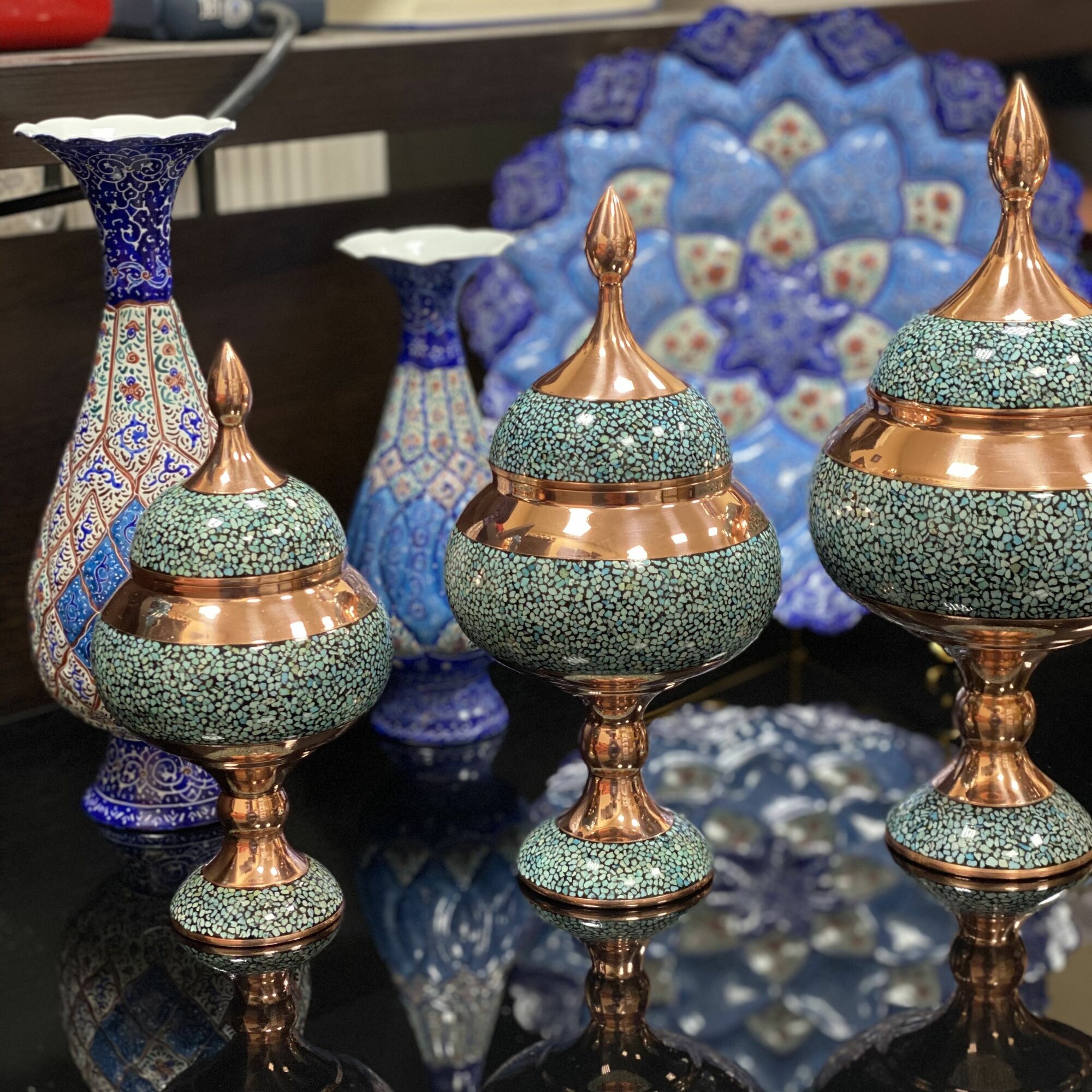 Конфетница Персидский базар "Фирузе Куби", ручная инкрустация бирюзой, 24x11x17.5см — фото 1