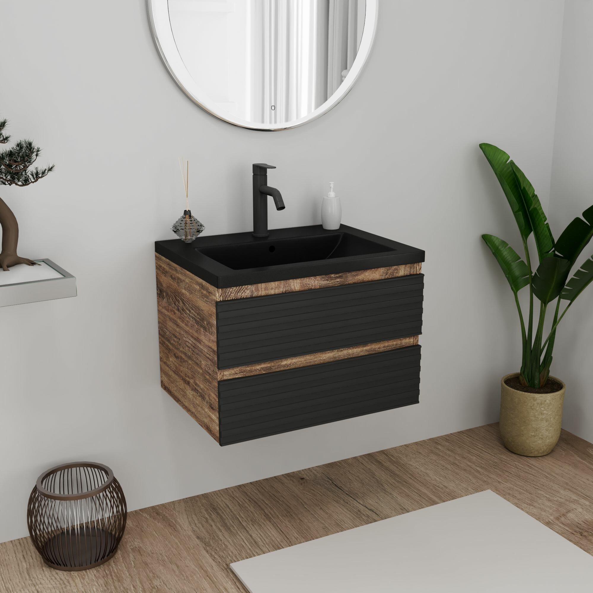 Тумба под раковину Bau Stil Loft black brushed, раковина кварцевая BAU Stil 58, черный металлик, смеситель Dream Black, черный