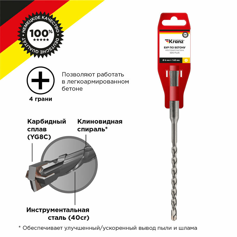 Бур по бетону 6x160x100мм крестовая пластина SDS PLUS KRANZ