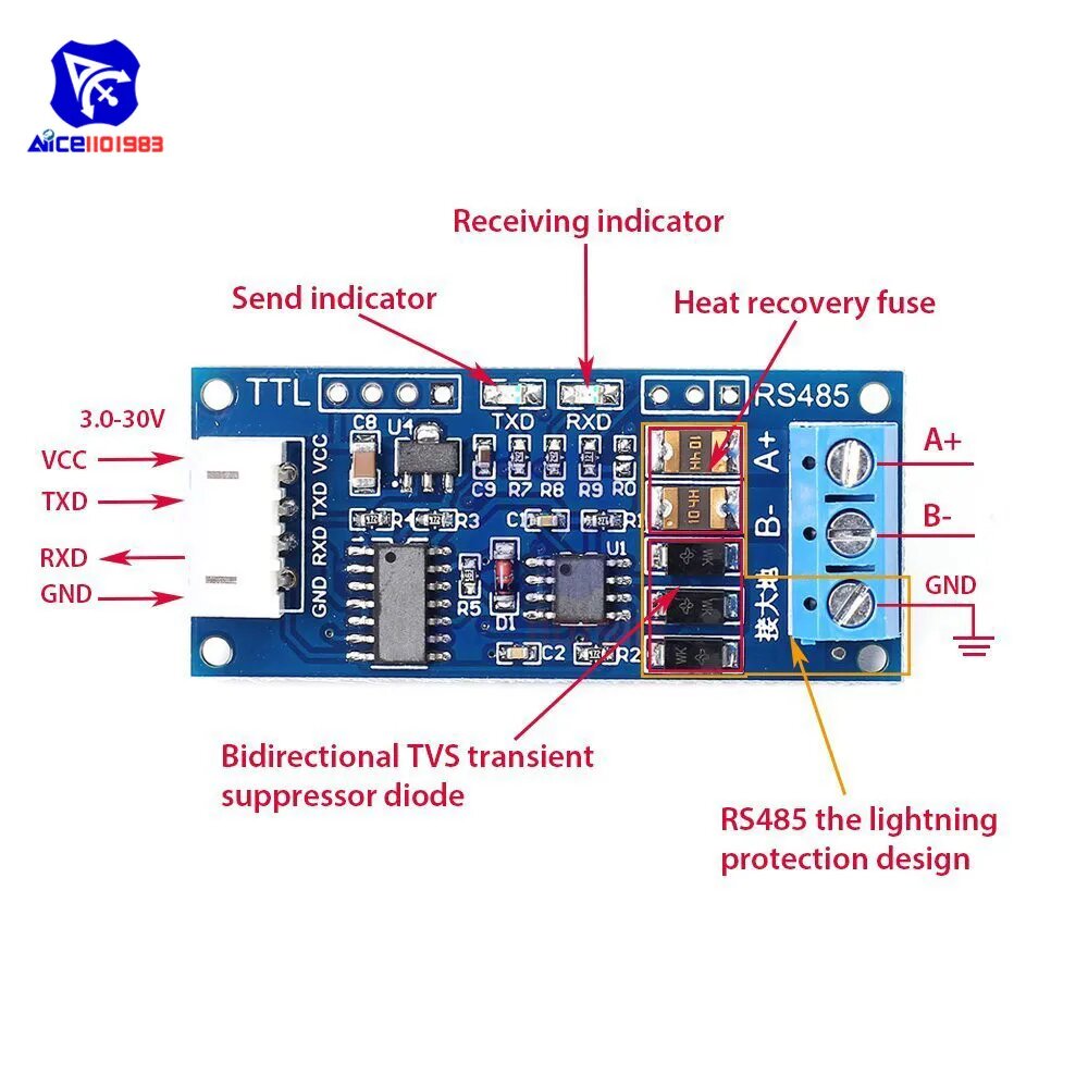 Модуль преобразователя diymore TTL Serial Port в RS485 с кабелем для Arduino — фото 1