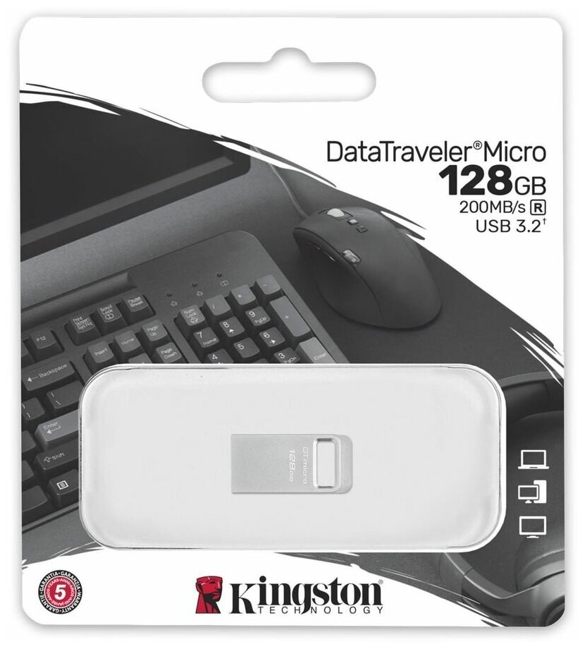 Флешка USB Kingston DataTraveler Micro 128ГБ, USB3.2, серебристый [dtmc3g2/128gb]