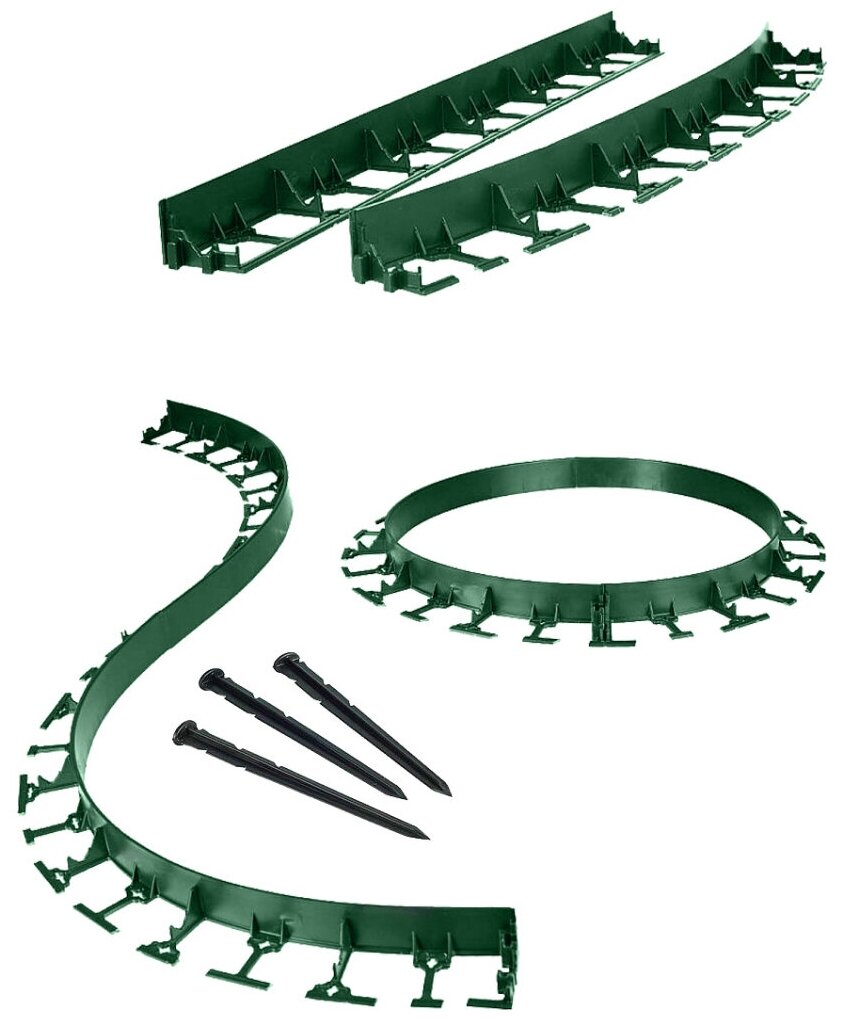 Садовый пластиковый бордюр ГеоПластБорд - высота 78мм, 8 метров+32 колышка, цвет зелёный