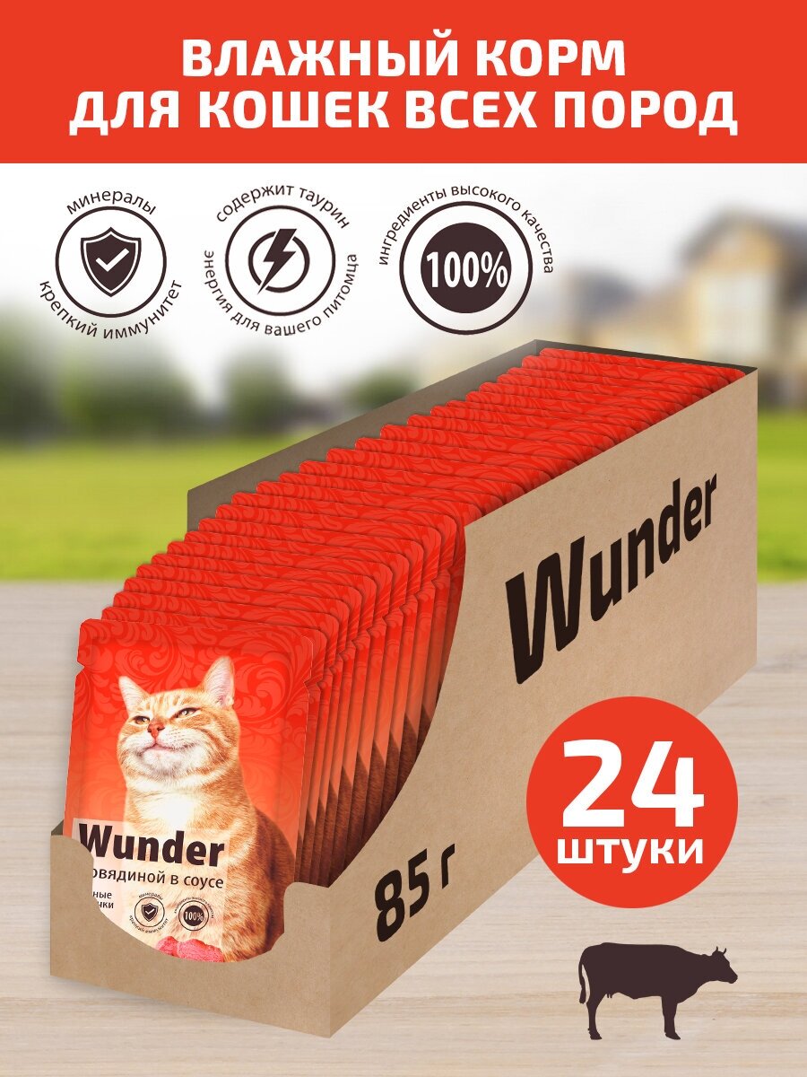 Влажный корм для кошек "Wunder"с говядиной в соусе, 1 уп/24 пауча по 85 гр