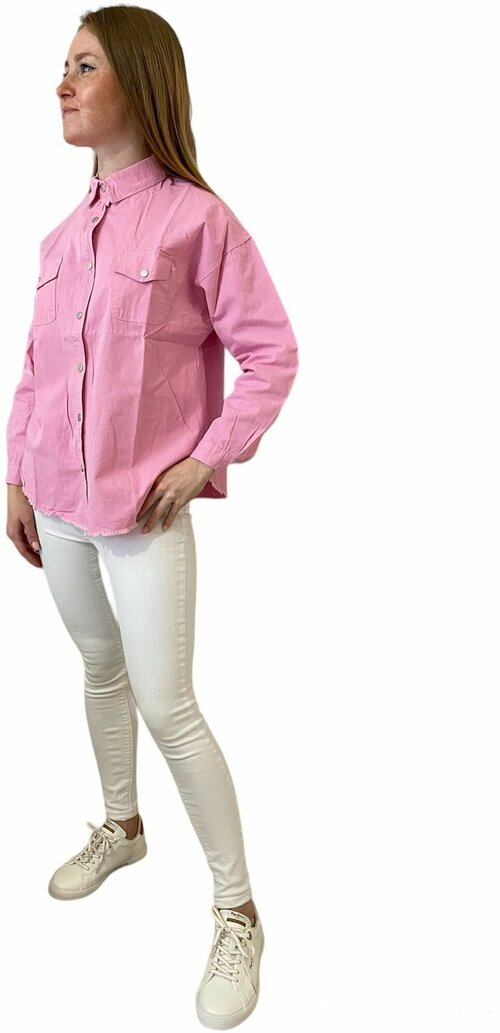 Рубашка джинсовая женская с бахромой (розовый)
