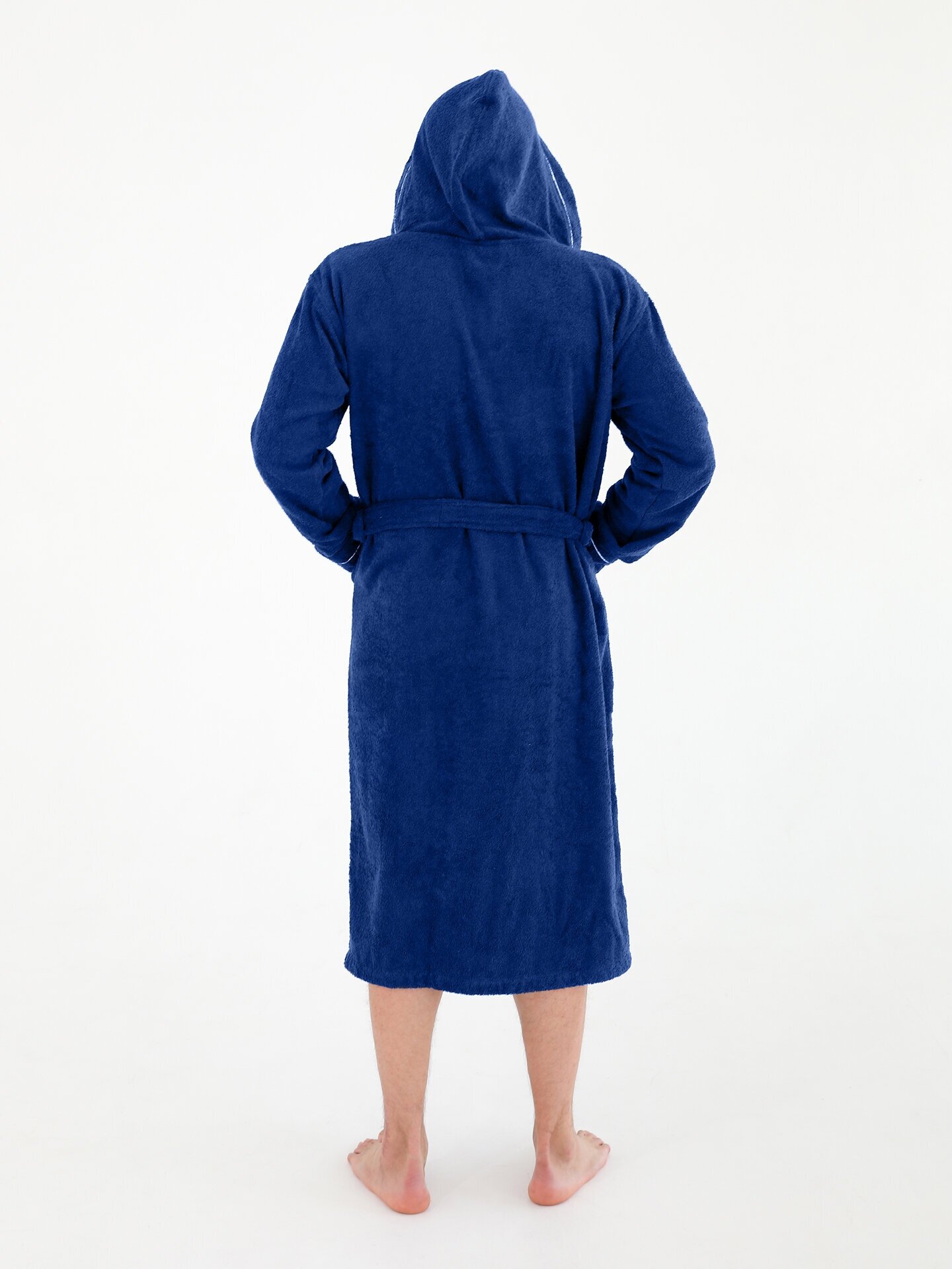 Халат махровый Everliness мужской капюшон+кант, цвет синий, размер 50 - фотография № 4