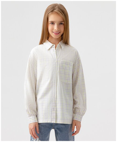 Рубашка Button Blue, прямой силуэт, на пуговицах, длинный рукав, манжетыв клетку, размер 152, белый