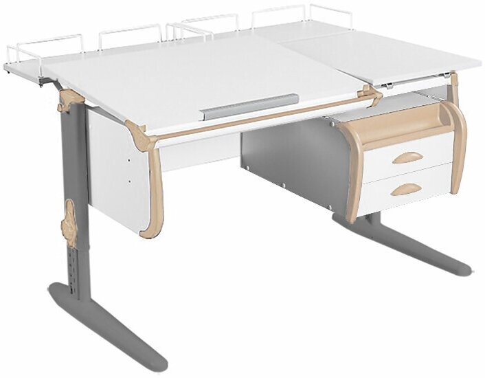 Парта растущая дэми СУТ-25-04 с тумбой размер 120х82х815 см цвет ЛДСП белый накладки бежевые ноги серые