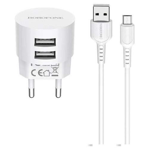 СЗУ BOROFONE BA23A 2USB + кабель microUSB, 2,1A, белый сетевое зарядное устройство remax rp u23 2 4a 2usb бело голубое