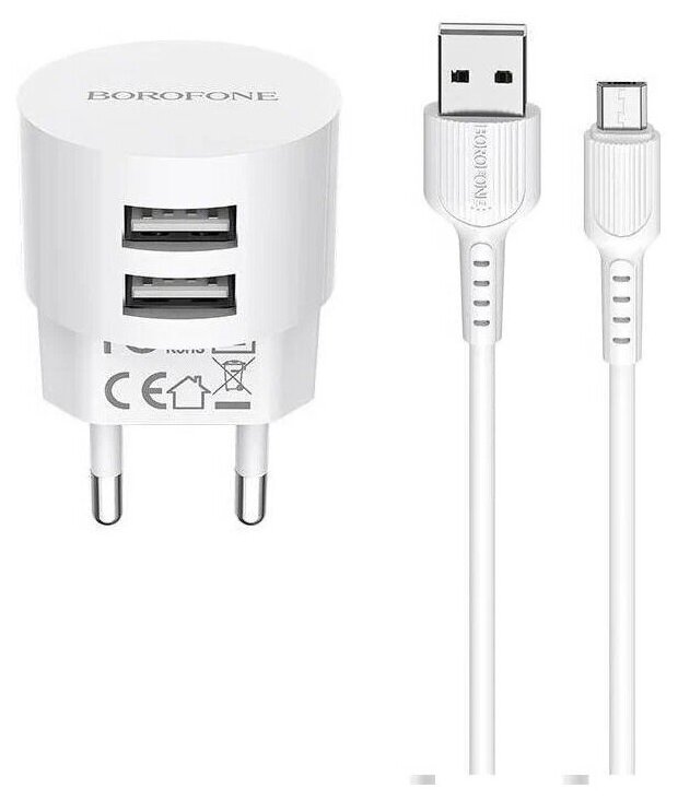 СЗУ BOROFONE BA23A 2USB + кабель microUSB, 2,1A, белый