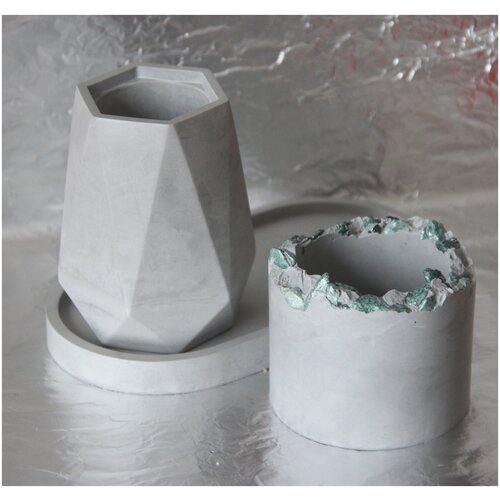 Набор из бетона: ваза для сухоцветов, поднос, кашпо с декором из камней
