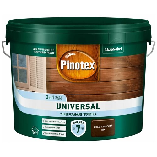 грунт для защиты древесины pinotex base 10 л Pinotex UNIVERSAL пропитка 2 в 1, индонезийский тик (9 л) 5620468