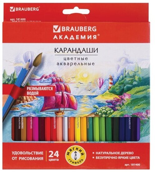 Карандаши цветные Brauberg акварельные "академия", 24 цвета, шестигранные, высокое качество, 181400