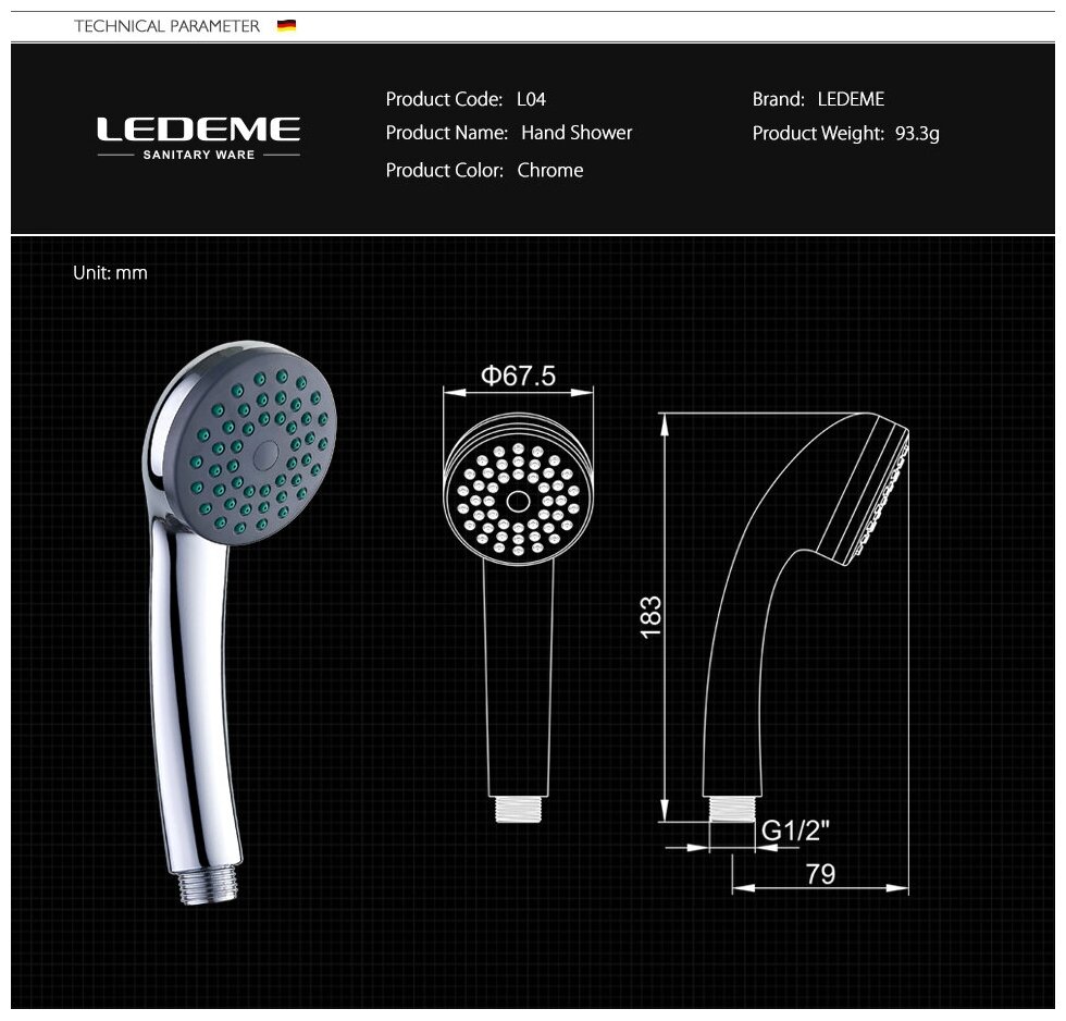 лейка для душа LEDEME L04 85мм, 1 режим - фото №12