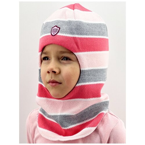 Шапка-шлем для девочки зима, бушон розовый+св.серый+коралл