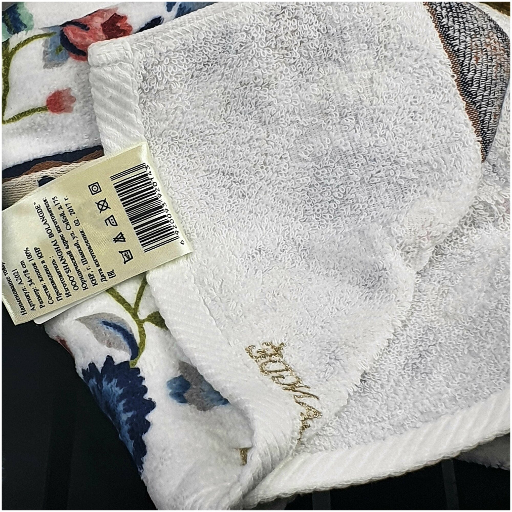 Набор махровых полотенец для рук и лица 2 шт. BOLANGDE, 100% хлопок, Япония Васильки 34х78, белый/синий/розовый - фотография № 6